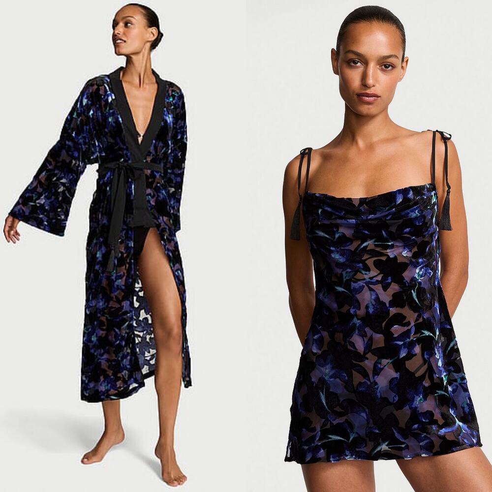 Victorias Secret Very Sexy Electric Orchid Burnout Velvet Set Robe Slip Dress XL